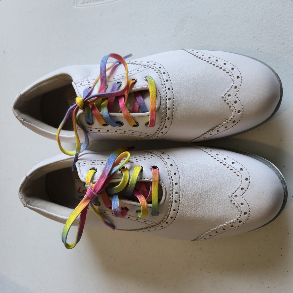 White Brogue Shoes with Rainbow Laces